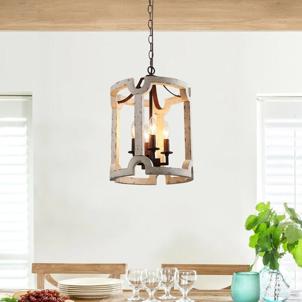 Chandelierias-4-Light Drum Distressed White Wood Chandelier-Chandelier--