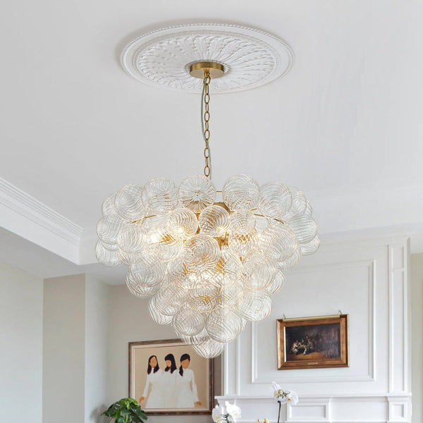 Chandelierias-9-Light Clear Swirled Glass Globe Cluster Bubble Chandelier-Chandelier-Brass-