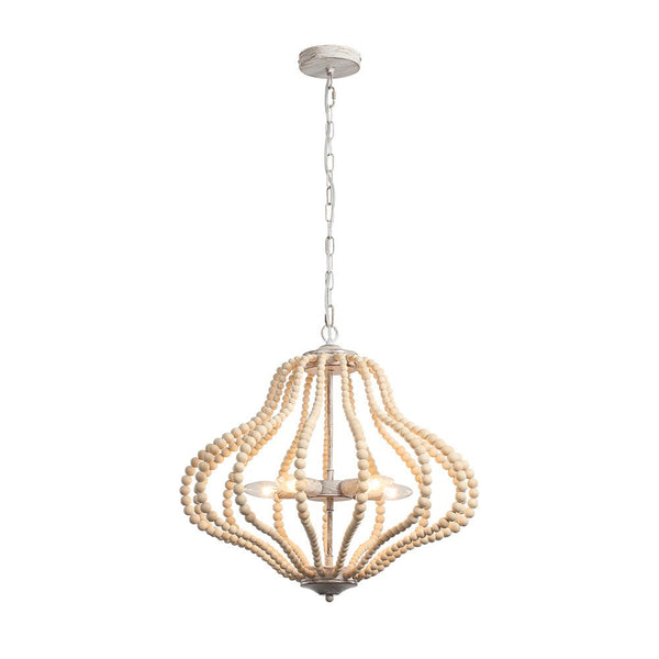 Chandelierias-Boho 5-Light Farmhouse Antique Wood Beaded Chandelier-Chandeliers-Antiqued White-