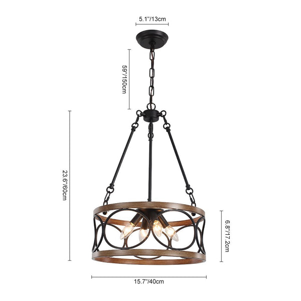 Chandelierias-Farmhouse 4-Light Wood Drum Pendant Chandelier-Chandelier--