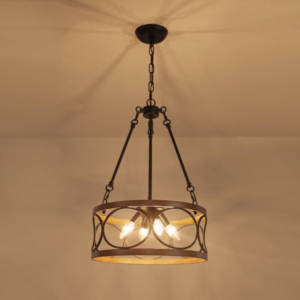 Chandelierias-Farmhouse 4-Light Wood Drum Pendant Chandelier-Chandelier--