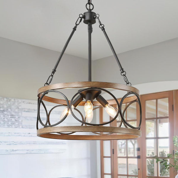 Chandelierias-Farmhouse 4-Light Wood Drum Pendant Chandelier-Chandelier--