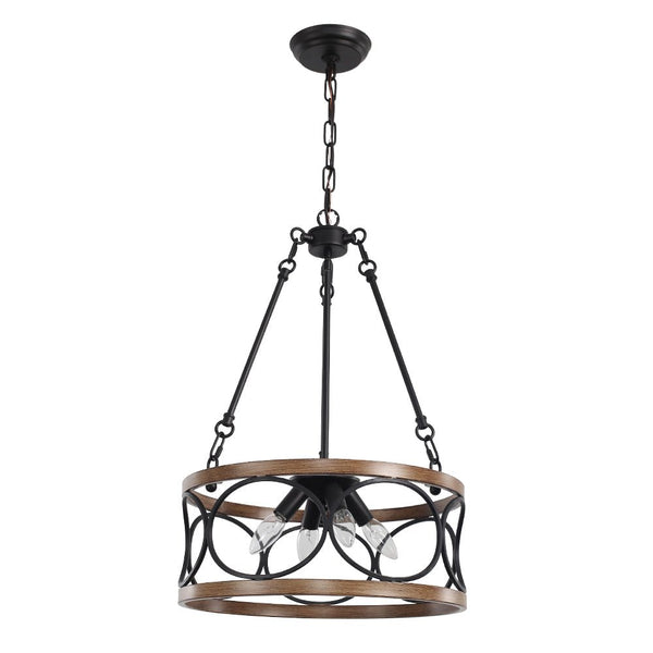 Chandelierias-Farmhouse 4-Light Wood Drum Pendant Chandelier-Chandelier--