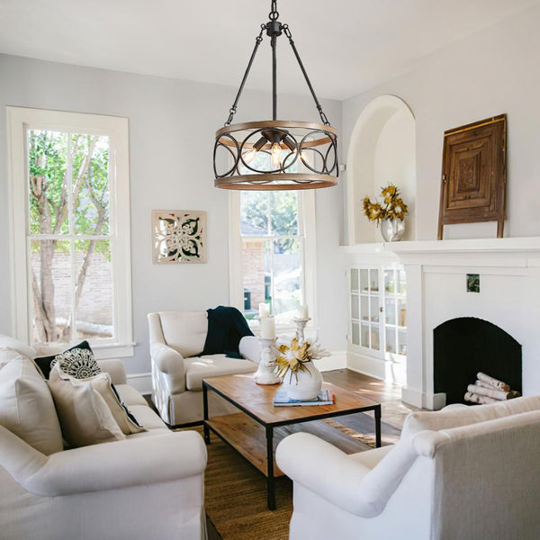 Chandelierias-Farmhouse 4-Light Wood Drum Pendant Chandelier-Chandelier--