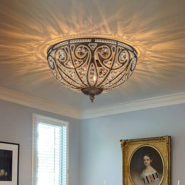 Chandelierias-French Luxe 3-Light Bronze Bowl Crystal Flush Mount-Flush Mount-Dark Bronze-