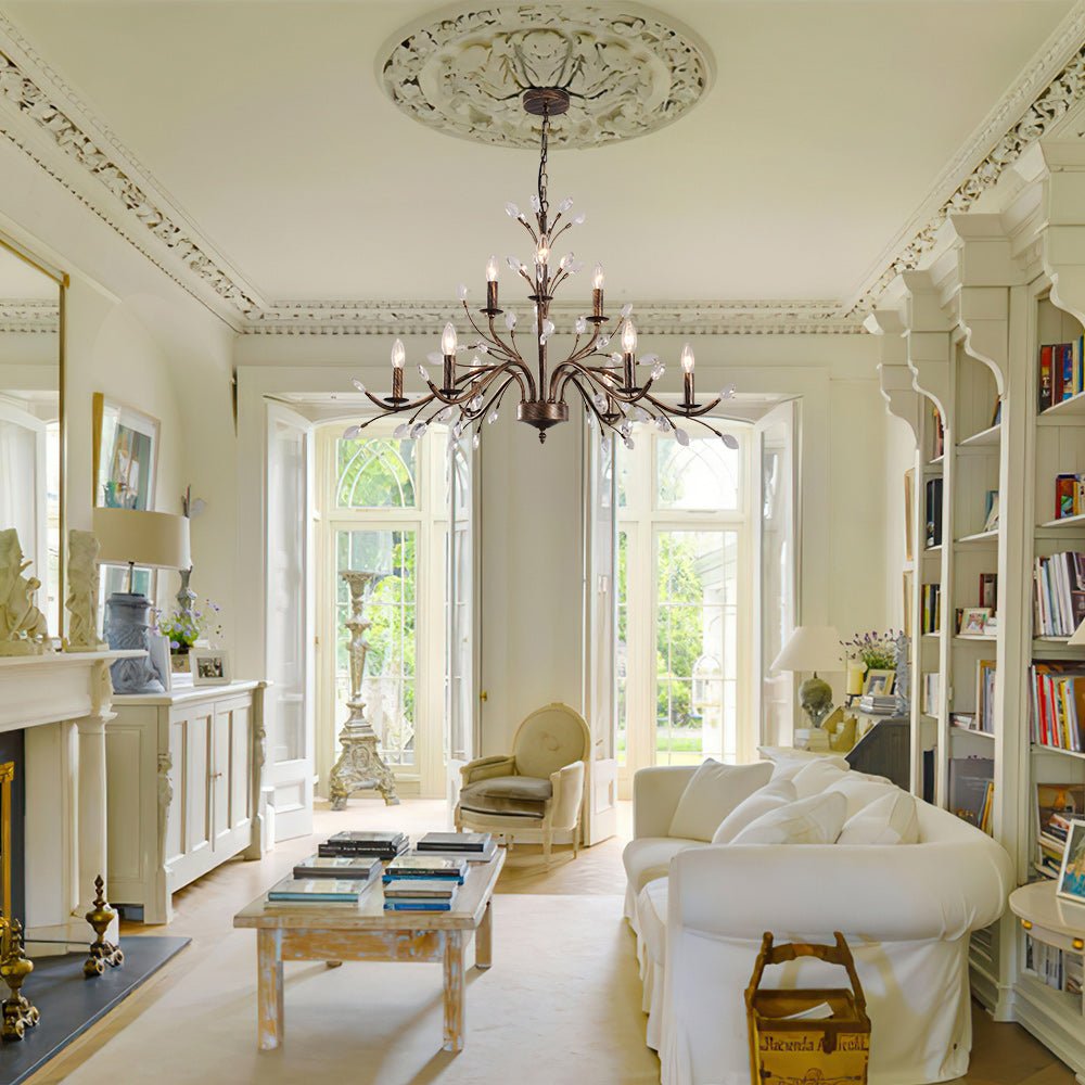 French Vintage Candle Chandelier with Crystal Accents | Chandelierias - French Accent Chandelier Living Room