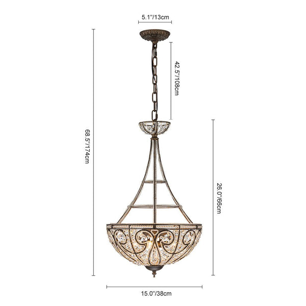 Chandelierias-French Vintage Mottled Bronze 4-Light Crystal Pendant-Chandeliers-Dark Bronze-