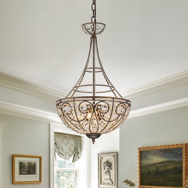 Chandelierias-French Vintage Mottled Bronze 4-Light Crystal Pendant-Chandeliers-Dark Bronze-