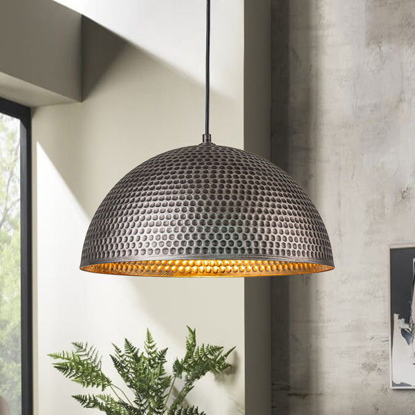 Chandelierias-Industrial Single-Light Hammered Metal Dome Pendant-Chandeliers-Silver Black-15.7in.