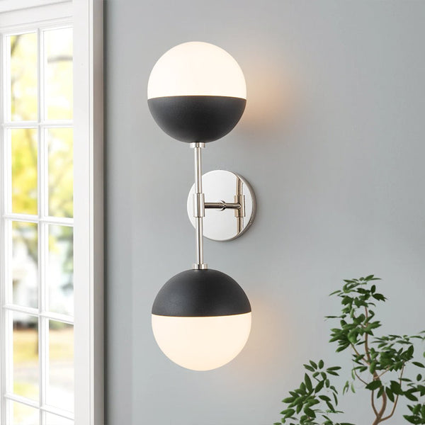 Chandelierias-Mid-century 2-Light Opal Glass Globe Linear Wall Sconce-Wall Light-Brass-2 Bulbs