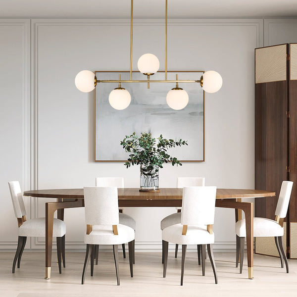 Chandelierias-Mid-Century 5-Light Glass Globe Linear Chandelier-Chandelier-Brass-