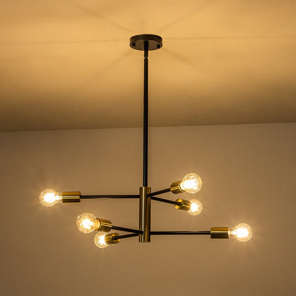 Chandelierias-Mid-century Black and Brass Sputnik Two-layer Chandelier-Chandeliers-Brass & Black-6 Bulbs