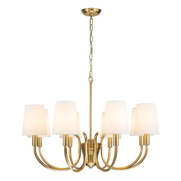 Chandelierias-Mid-century Brass 8-Light Swooping Curve Linen Shade Chandelier-Chandeliers-Brass (Backorder & Restock in 2 Weeks)-