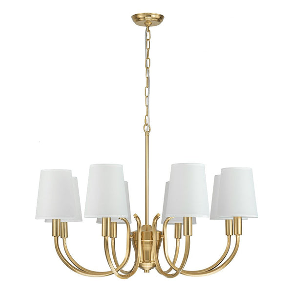 Chandelierias-Mid-century Brass 8-Light Swooping Curve Linen Shade Chandelier-Chandeliers-Brass (Backorder & Restock in 2 Weeks)-