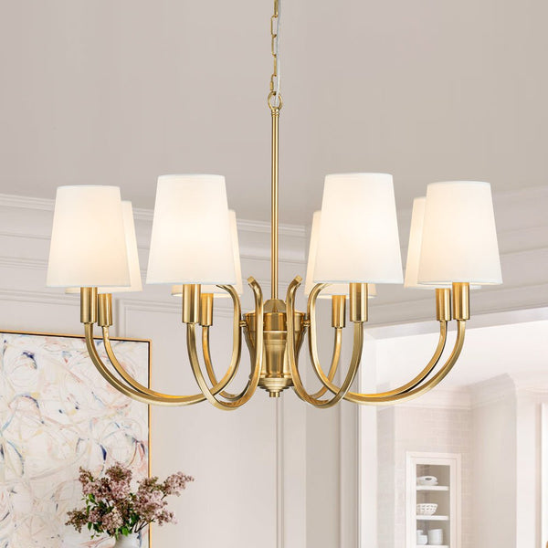 Chandelierias-Mid-century Brass 8-Light Swooping Curve Linen Shade Chandelier-Chandeliers-Brass (Backorder & Restock in 2 Weeks)-