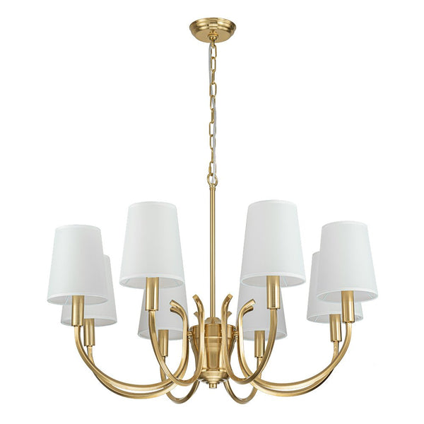 Chandelierias-Mid-century Brass 8-Light Swooping Curve Linen Shade Chandelier-Chandeliers-Brass (Backorder & Restock in 2 Weeks)-