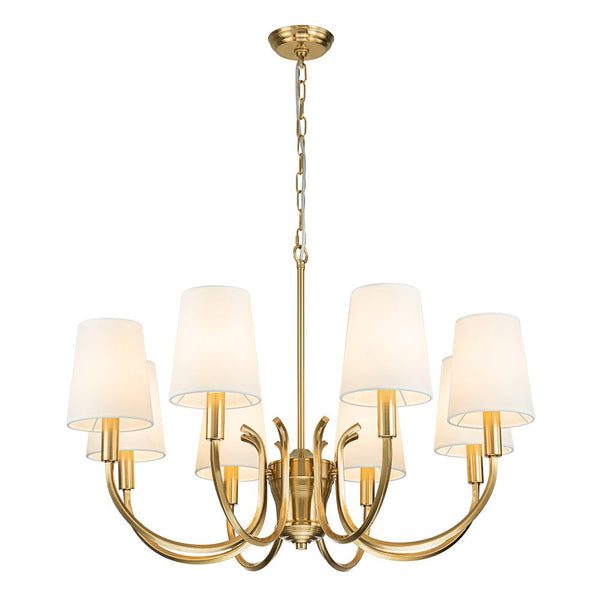Chandelierias-Mid-century Brass 8-Light Swooping Curve Linen Shade Chandelier-Chandeliers-Brass (Backorder & Restock in 2 Weeks)-