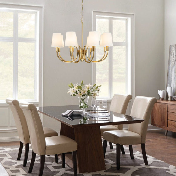 Chandelierias-Mid-century Brass 8-Light Swooping Curve Linen Shade Chandelier-Chandeliers-Brass (Backorder & Restock in 2 Weeks)-