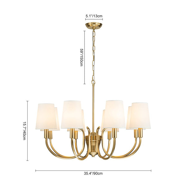 Chandelierias-Mid-century Brass 8-Light Swooping Curve Linen Shade Chandelier-Chandeliers-Brass (Backorder & Restock in 2 Weeks)-