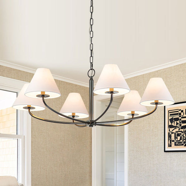 Chandelierias-Mid-century Modern 6-Arm Cone Shade Curved Chandelier-Chandeliers-Black-