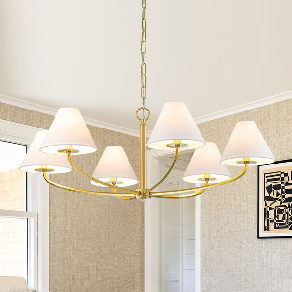 Chandelierias-Mid-century Modern 6-Arm Cone Shade Curved Chandelier-Chandeliers-Brass-