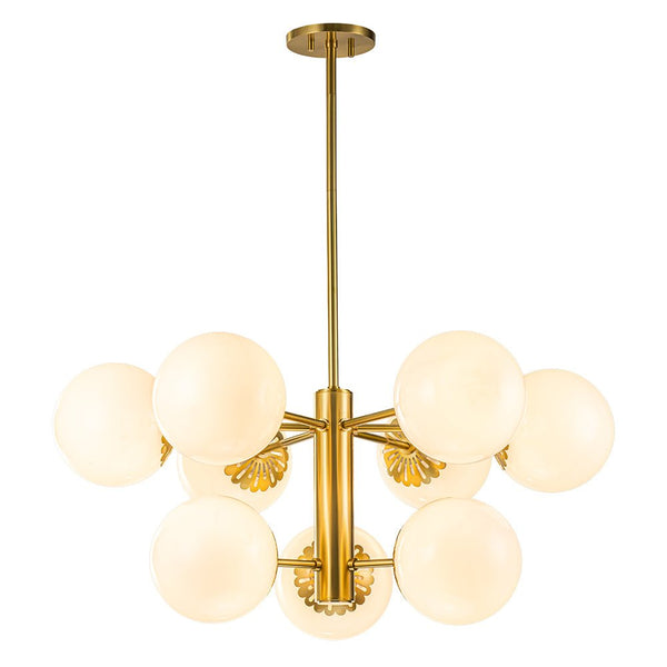 Chandelierias-Mid-century Modern Opal Glass Sphere Chandelier-Chandelier-Brass (Pre-order)-9 Bulbs