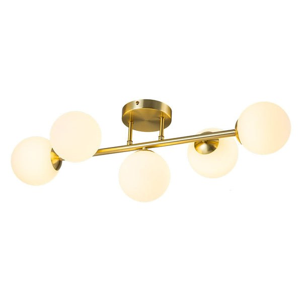 Chandelierias-Mid-century Staggered Frosted Glass Globe Vanity Light-Wall Light-Gold-5 Bulbs