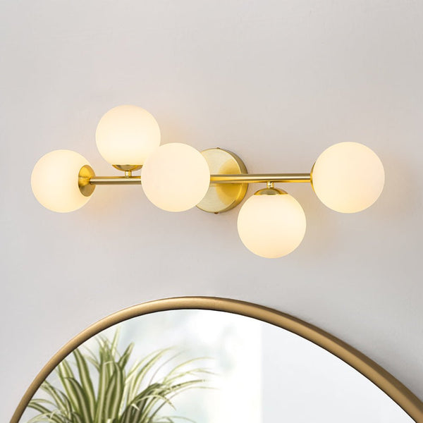 Chandelierias-Mid-century Staggered Frosted Glass Globe Vanity Light-Wall Light-Gold-5 Bulbs