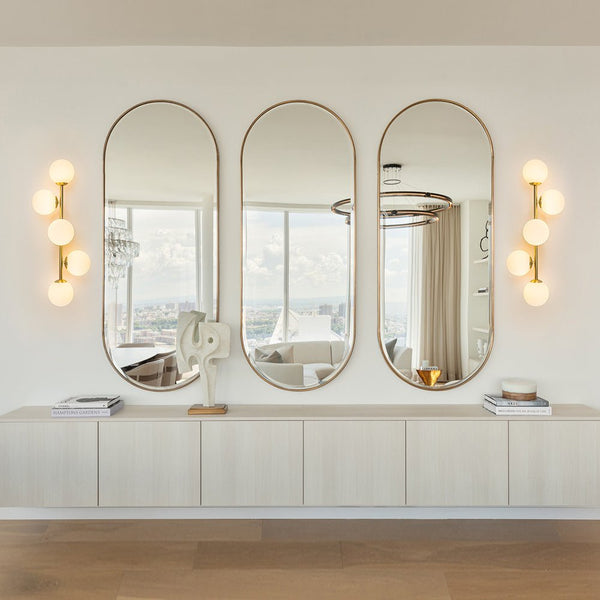 Chandelierias-Mid-century Staggered Frosted Glass Globe Vanity Light-Wall Light-Gold-5 Bulbs