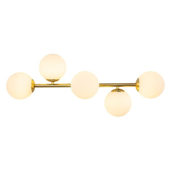 Chandelierias-Mid-century Staggered Frosted Glass Globe Vanity Light-Wall Light-Gold-5 Bulbs