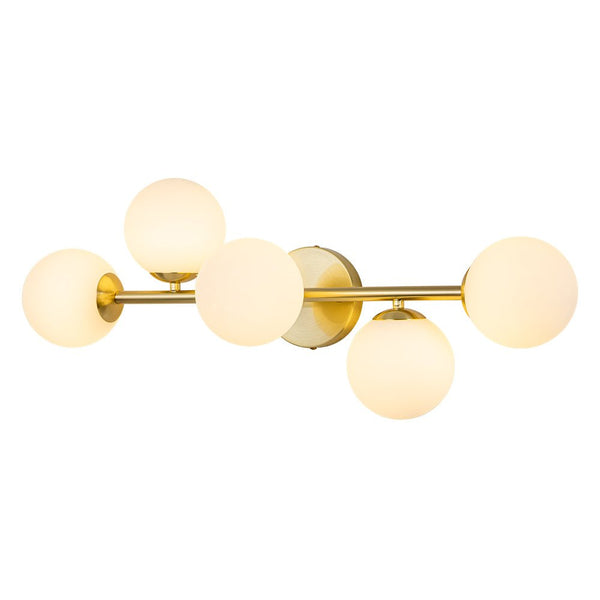 Chandelierias-Mid-century Staggered Frosted Glass Globe Vanity Light-Wall Light-Gold-5 Bulbs