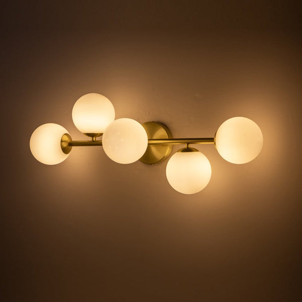 Chandelierias-Mid-century Staggered Frosted Glass Globe Vanity Light-Wall Light-Gold-5 Bulbs