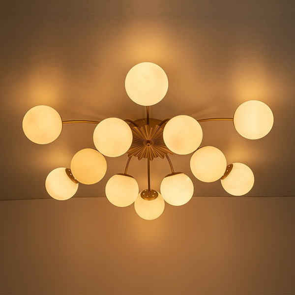 Chandelierias-Modern 12-Light Opal Glass Globe Semi-Flush Mount-Flush Mount-Brass-12 Bulbs