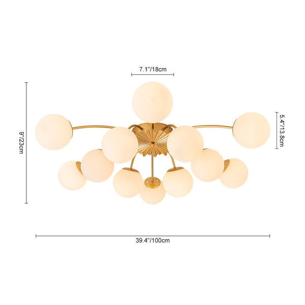 Chandelierias-Modern 12-Light Opal Glass Globe Semi-Flush Mount-Flush Mount-Brass-12 Bulbs