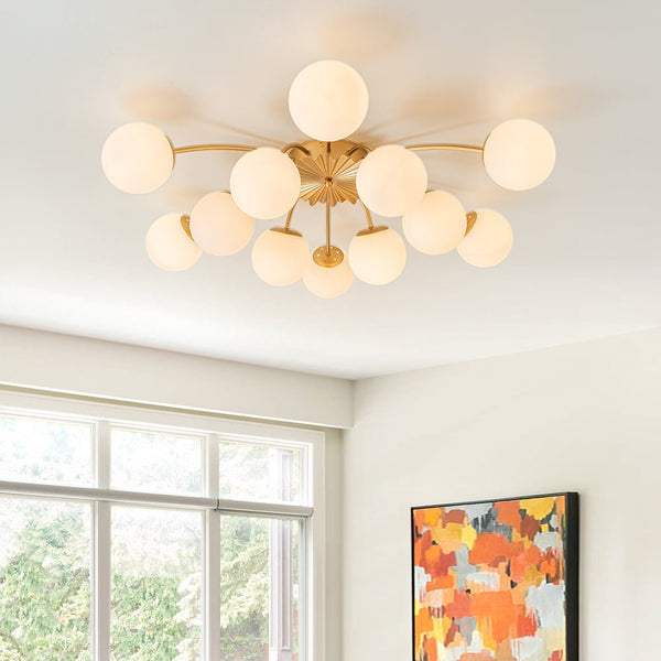 Chandelierias-Modern 12-Light Opal Glass Globe Semi-Flush Mount-Flush Mount-Brass-12 Bulbs