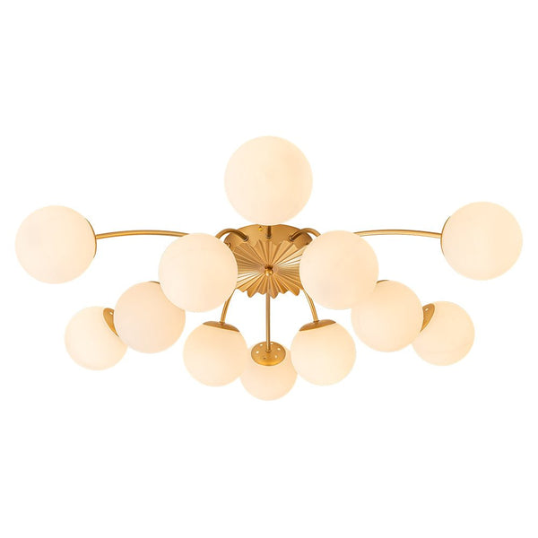 Chandelierias-Modern 12-Light Opal Glass Globe Semi-Flush Mount-Flush Mount-Brass-12 Bulbs