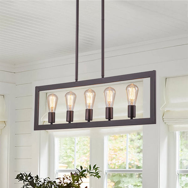 Chandelierias-Modern 5-Light Flat Rectangle Metal Island Chandelier-Chandeliers-Wood Grain-5 Bulbs
