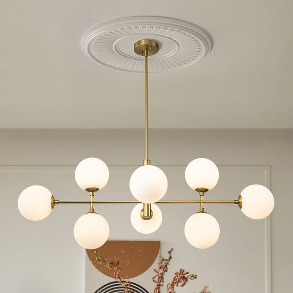 Chandelierias-Modern 8-Light Linear Opal Glass Globe Chandelier-Chandeliers-Brass-8 Bulbs