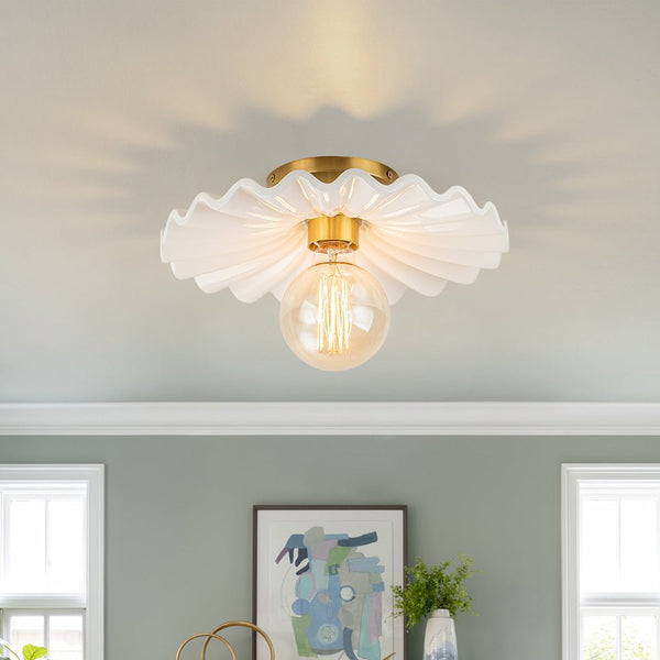 Chandelierias-Modern Aged Brass Single-Light Ruffled Semi-Flush Mount-Semi Flush-Aged Brass-