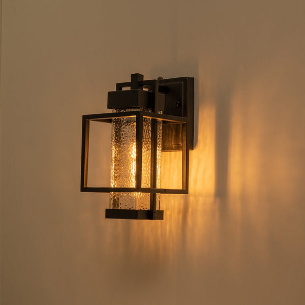 Chandelierias-Modern Clear Hammered Glass Cage Outdoor Wall Light-Wall Light-Matte Black-1 Pack