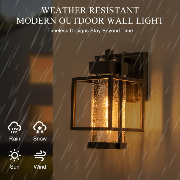 Chandelierias-Modern Clear Hammered Glass Cage Outdoor Wall Light-Wall Light-Matte Black-1 Pack