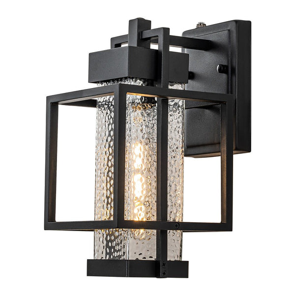 Chandelierias-Modern Clear Hammered Glass Cage Outdoor Wall Light-Wall Light-Matte Black-1 Pack