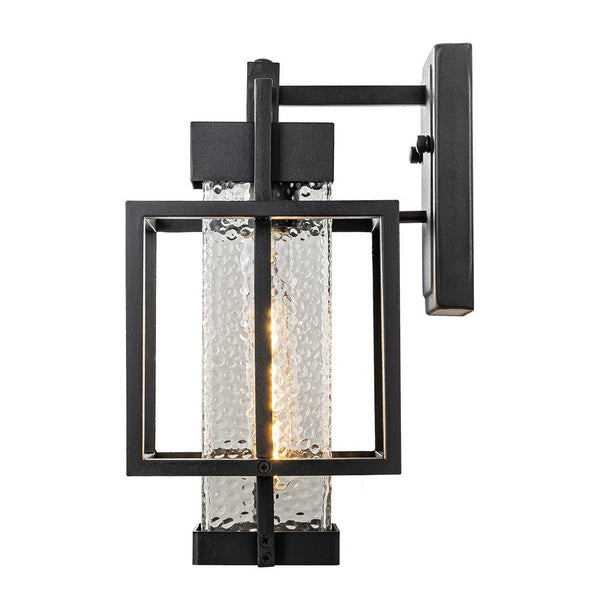 Chandelierias-Modern Clear Hammered Glass Cage Outdoor Wall Light-Wall Light-Matte Black-1 Pack