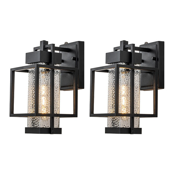 Chandelierias-Modern Clear Hammered Glass Cage Outdoor Wall Light-Wall Light-Matte Black-2 Pack