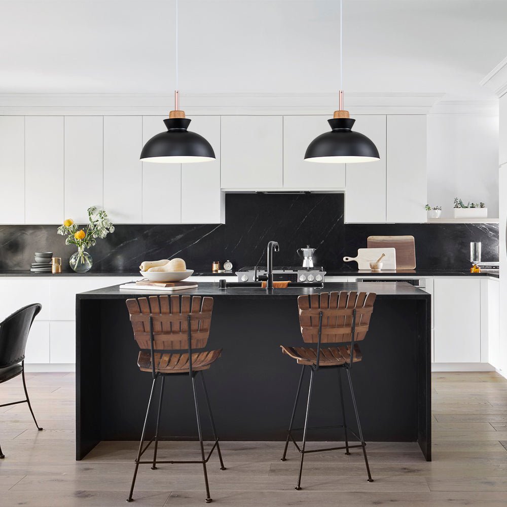 PINDODO 2-Pack Black Dome Pendant Lights – 11.8 Inch, Matte Metal, White Interior, Adjustable Height Up To 70 Inch, E26 Base, For Kitchen Island, Dining Room, Bedroom