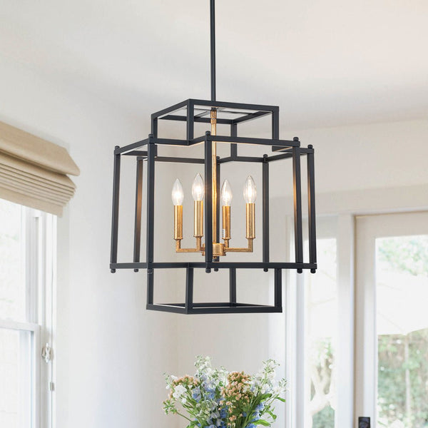 Chandelierias-Modern Farmhouse 4-Light Square Lantern Candle Pendant-Chandeliers-4 Bulbs-