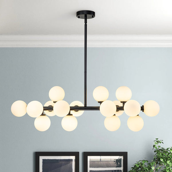 Chandelierias-Modern Linear 16-Light Milky Glass Globe Chandelier-Chandelier-Black-16 Bulbs