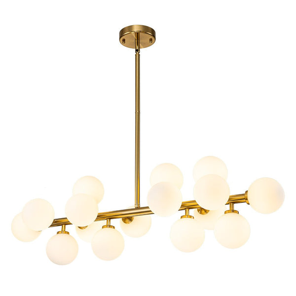 Chandelierias-Modern Linear 16-Light Milky Glass Globe Chandelier-Chandelier-Brass-16 Bulbs