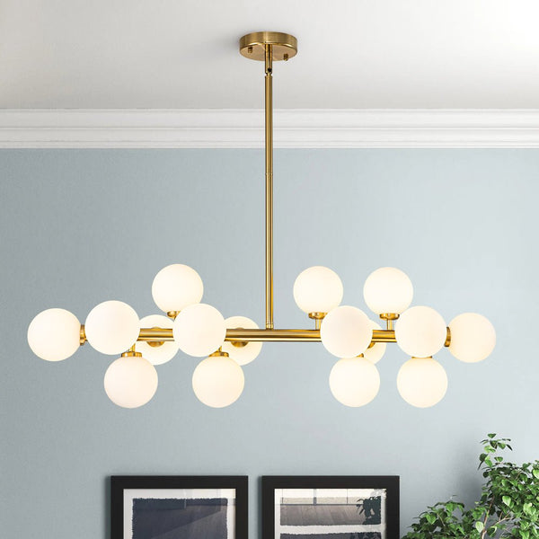 Chandelierias-Modern Linear 16-Light Milky Glass Globe Chandelier-Chandelier-Brass-16 Bulbs