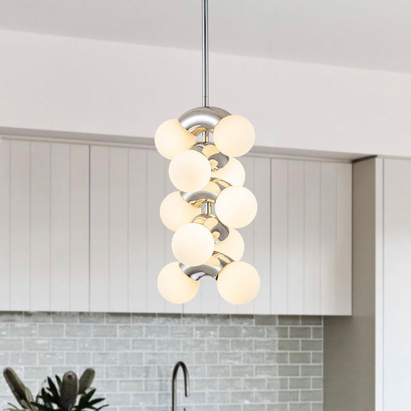 Chandelierias-Modern Staggered Frosted Glass Globe 10-Light Pendant-Pendant-Chrome (Pre-order & Arrive in 3 wks)-